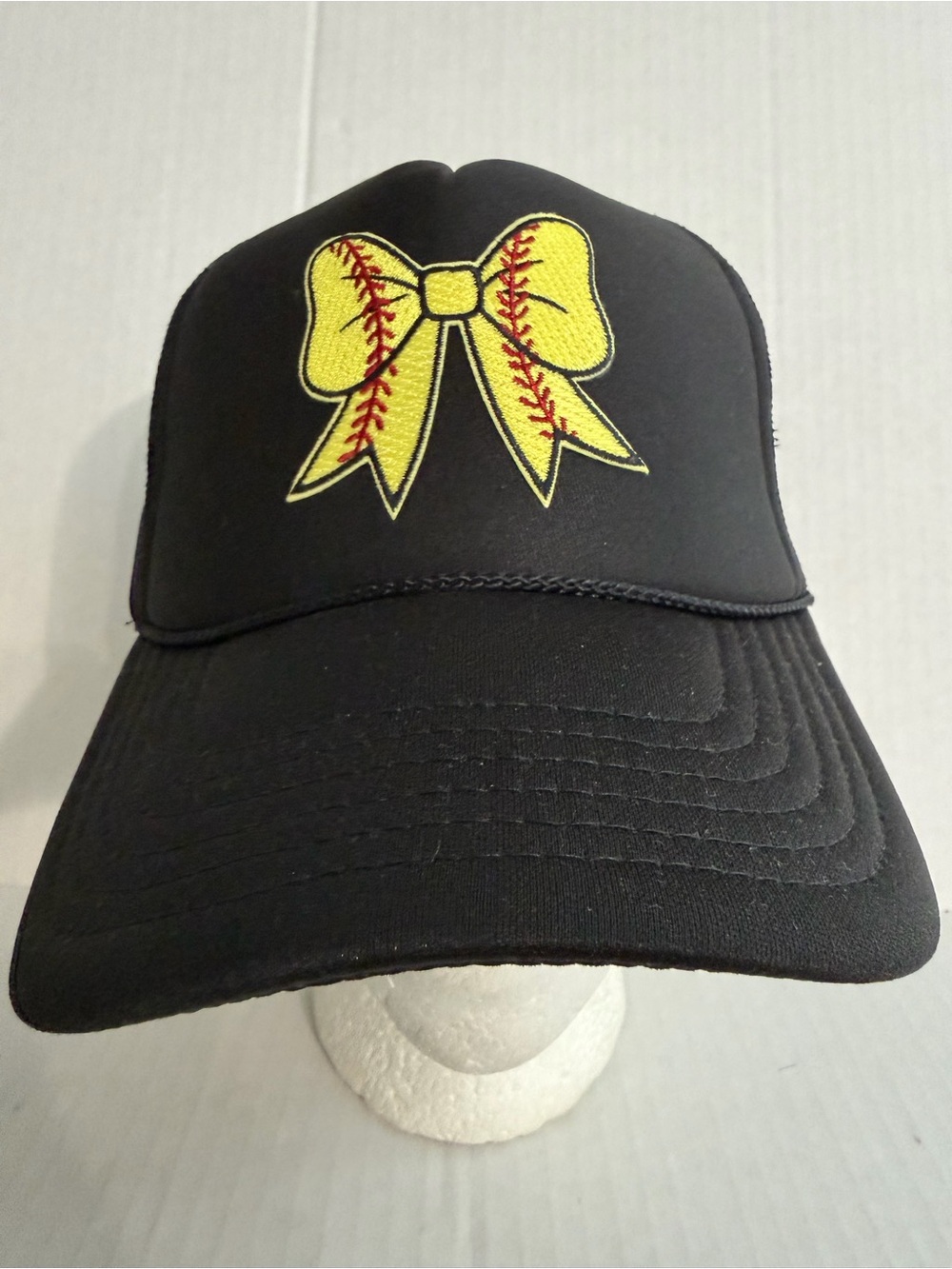 Katydid Black Cap with Yellow Baseball-Stitched Bow